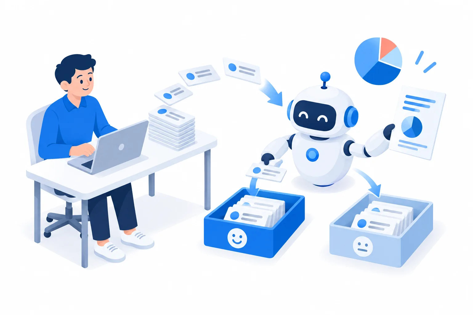 AIロボットが研修アンケートの回答をポジティブとネガティブに仕分けし、フィードバックの書類を渡しているイラスト
