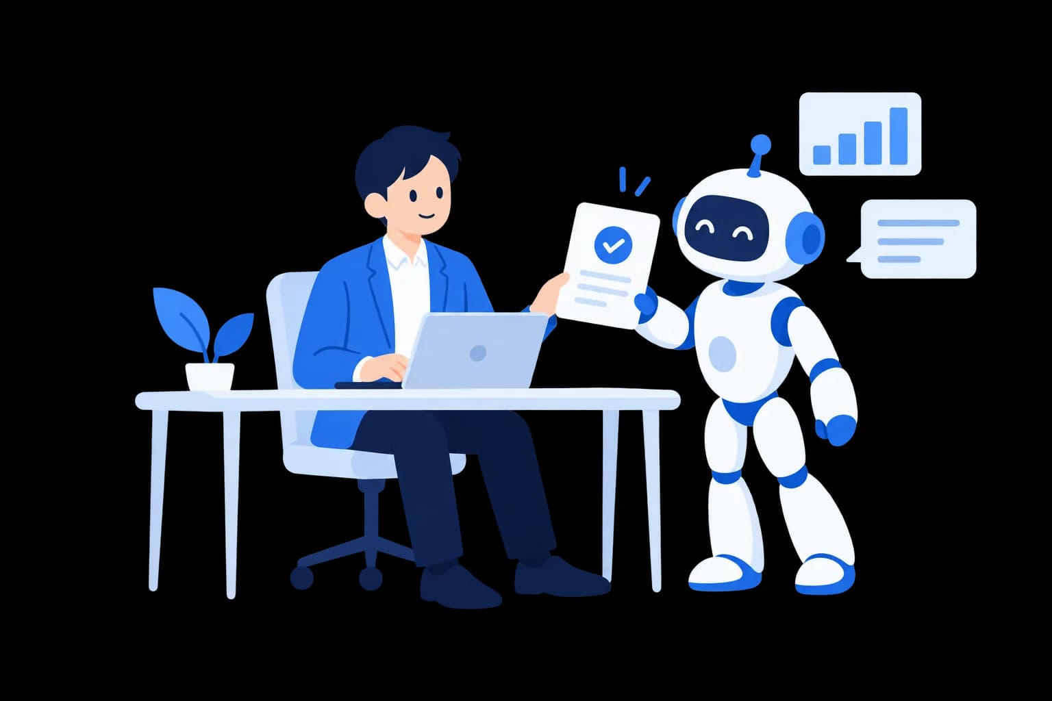 ノートパソコンで作業する人の右隣で、AIロボットがチェック済みの書類を手渡しているイラスト