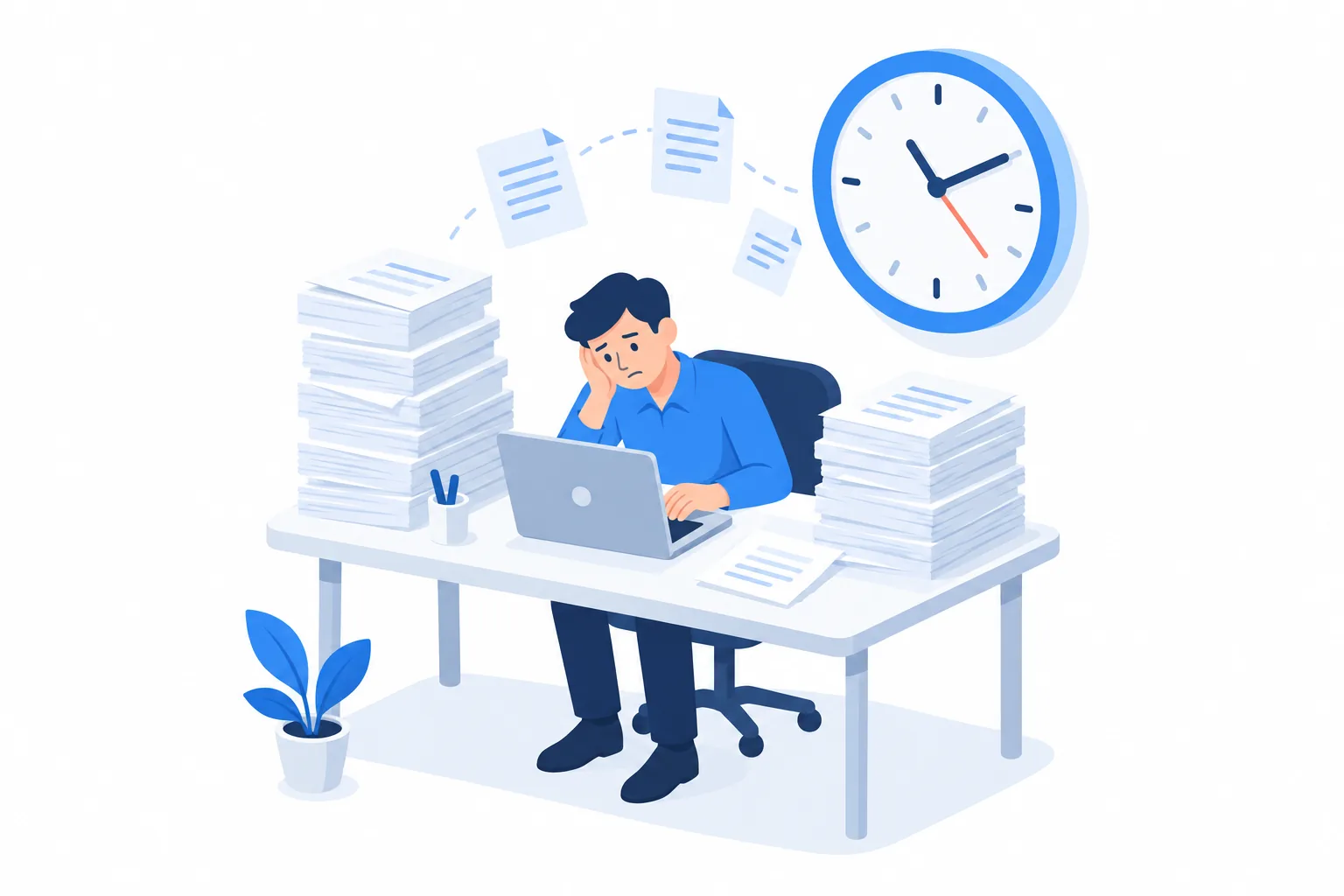書類の山に囲まれた机で、時計を気にしながらノートパソコンに向かう人のイラスト